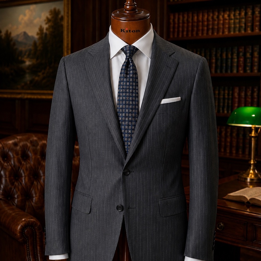 Kiton Mid Grey Pin Stripe Suit in a Wool/Silk Blend | Made in Italy